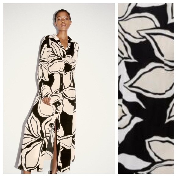 Zara Dresses & Skirts - NWT.  Zara Black/Ecru Floral Print Shirt Midi Dress. Size XS.